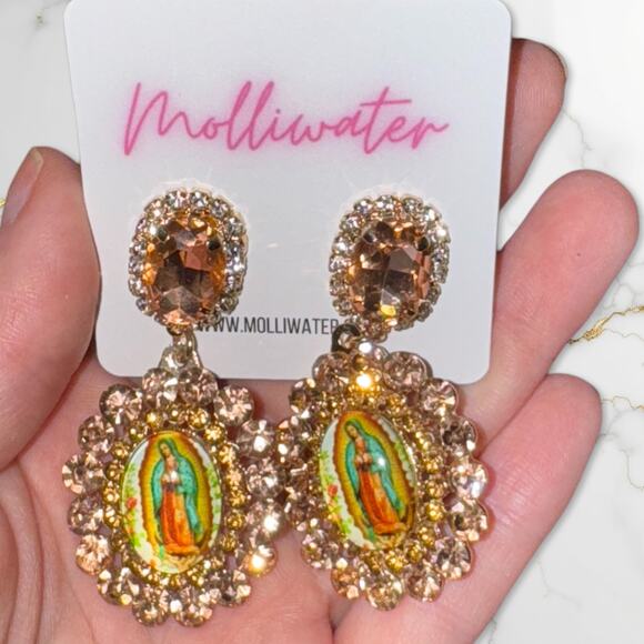 New Beautiful Virgin Mary Rhinestone Peach Dangle Earrings Virgen de Guadalupe - Picture 3 of 3